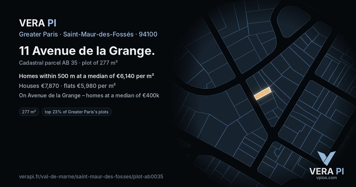11 Avenue de la Grange, Saint-Maur-des-Fossés at night – the plot lit, the parcels around coloured by the prices near them