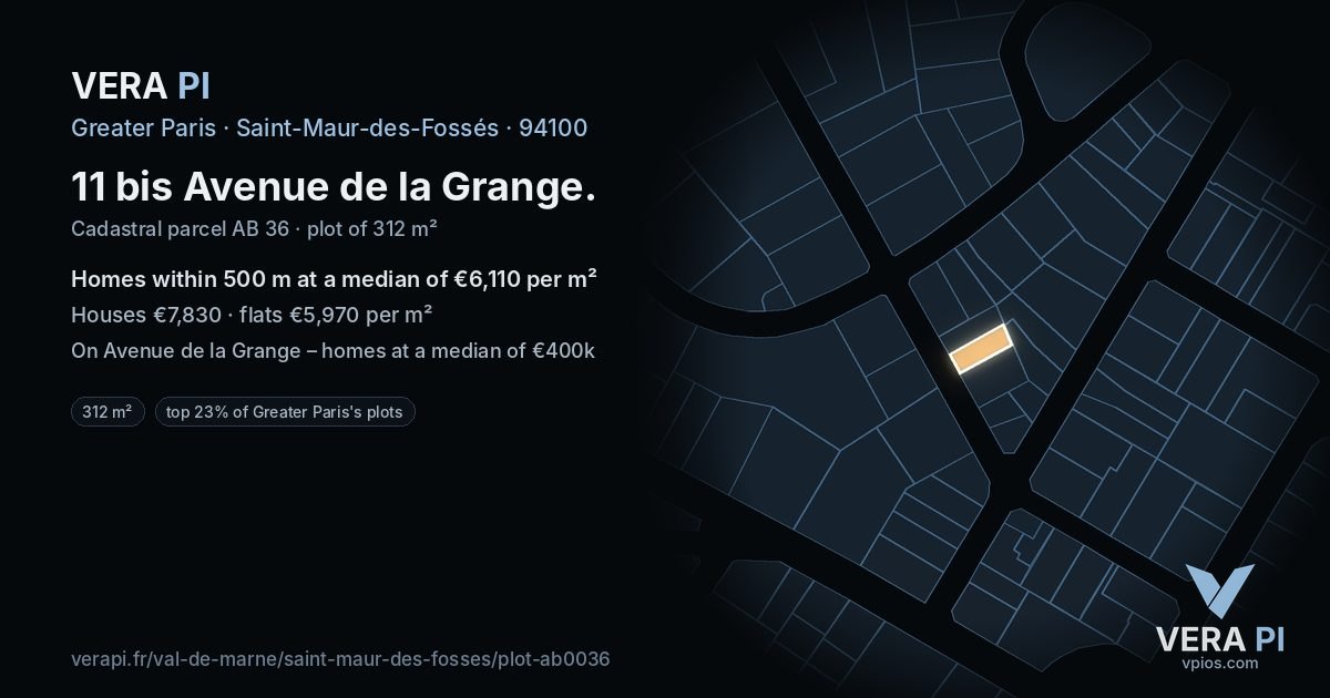 11 bis Avenue de la Grange, Saint-Maur-des-Fossés at night – the plot lit, the parcels around coloured by the prices near them