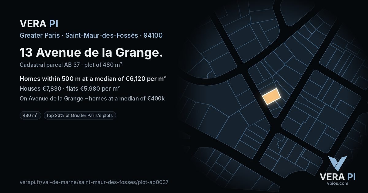 13 Avenue de la Grange, Saint-Maur-des-Fossés at night – the plot lit, the parcels around coloured by the prices near them