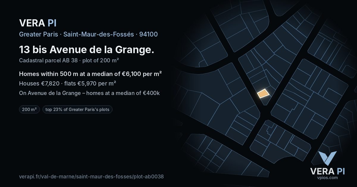 13 bis Avenue de la Grange, Saint-Maur-des-Fossés at night – the plot lit, the parcels around coloured by the prices near them