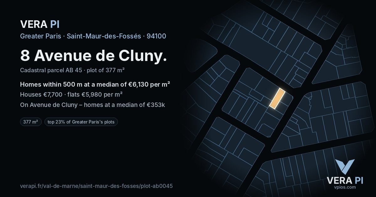 8 Avenue de Cluny, Saint-Maur-des-Fossés at night – the plot lit, the parcels around coloured by the prices near them