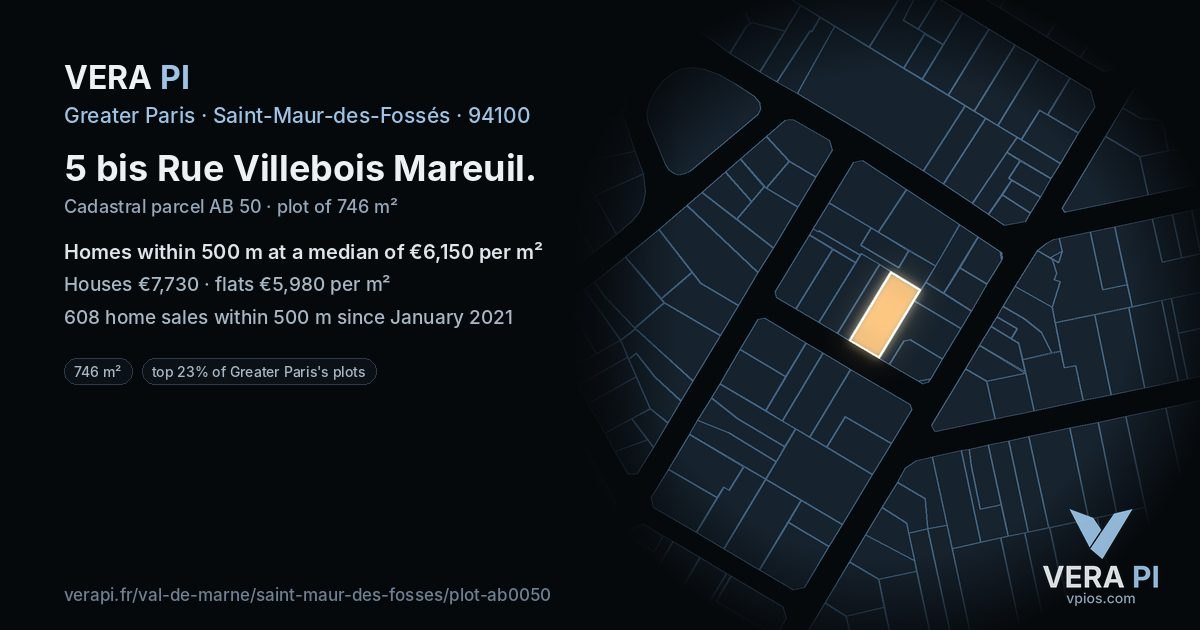 5 bis Rue Villebois Mareuil, Saint-Maur-des-Fossés at night – the plot lit, the parcels around coloured by the prices near them