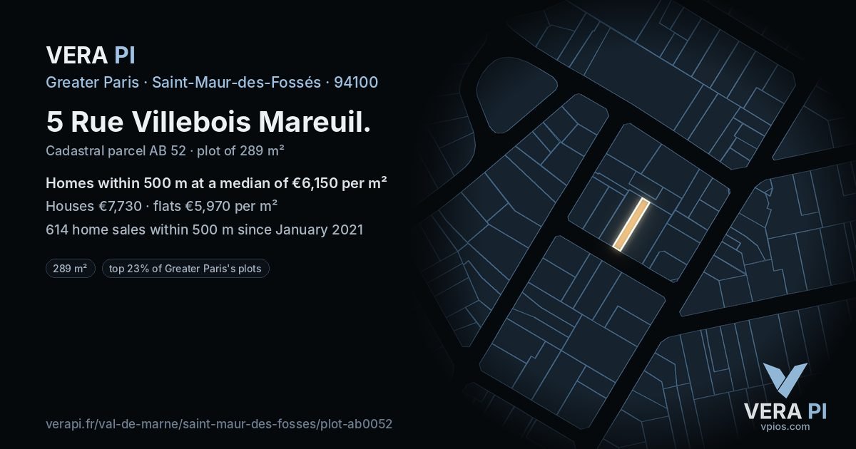 5 Rue Villebois Mareuil, Saint-Maur-des-Fossés at night – the plot lit, the parcels around coloured by the prices near them