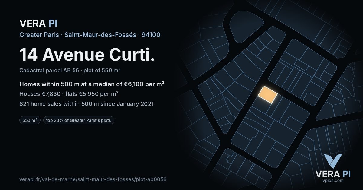 14 Avenue Curti, Saint-Maur-des-Fossés at night – the plot lit, the parcels around coloured by the prices near them