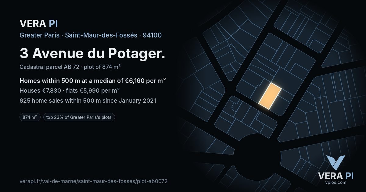 3 Avenue du Potager, Saint-Maur-des-Fossés at night – the plot lit, the parcels around coloured by the prices near them
