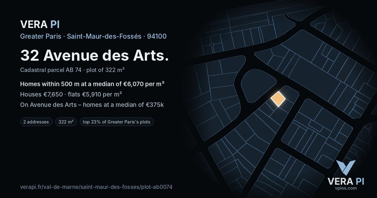 32 Avenue des Arts, Saint-Maur-des-Fossés at night – the plot lit, the parcels around coloured by the prices near them