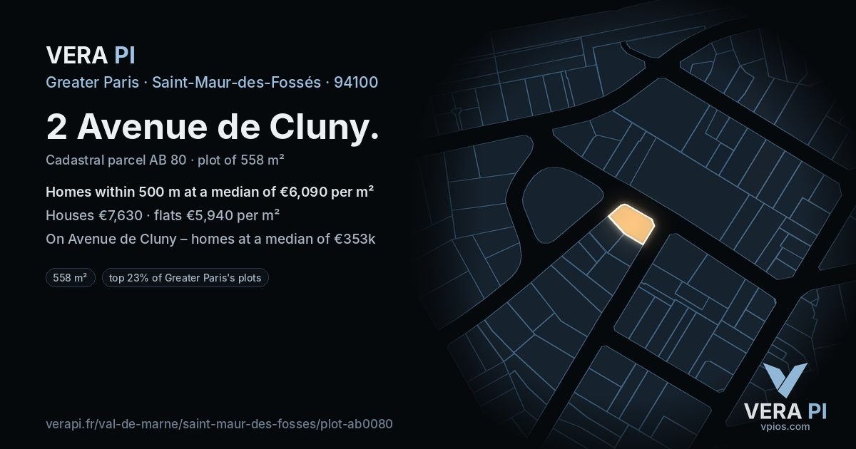2 Avenue de Cluny, Saint-Maur-des-Fossés at night – the plot lit, the parcels around coloured by the prices near them