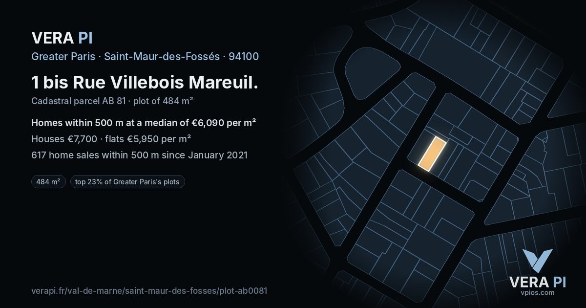 1 bis Rue Villebois Mareuil, Saint-Maur-des-Fossés at night – the plot lit, the parcels around coloured by the prices near them