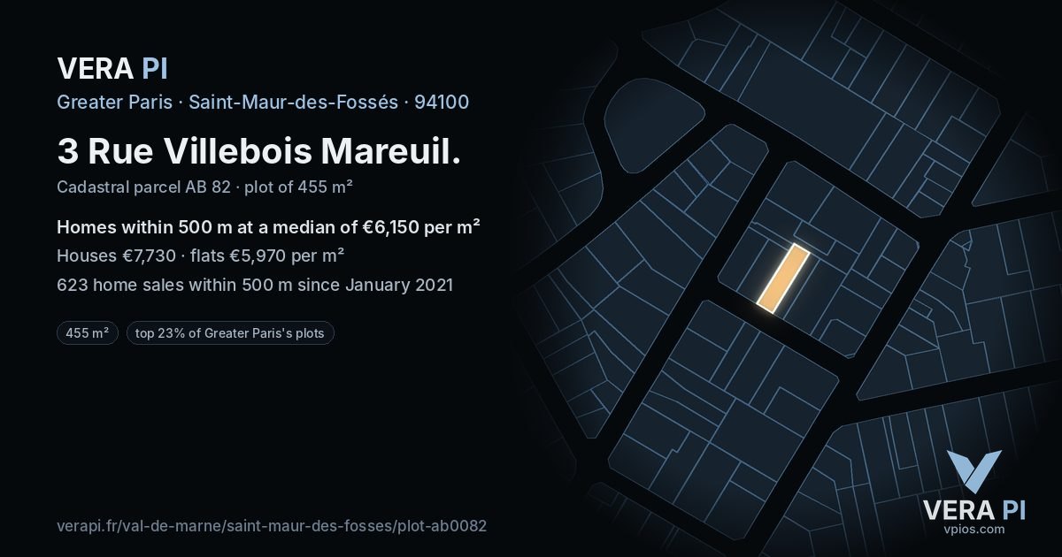 3 Rue Villebois Mareuil, Saint-Maur-des-Fossés at night – the plot lit, the parcels around coloured by the prices near them