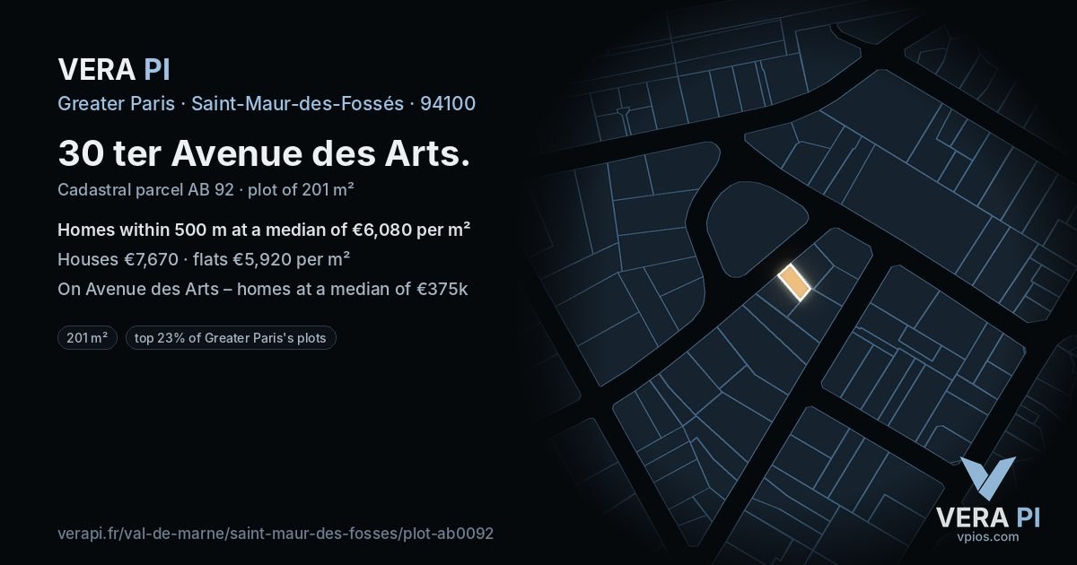 30 ter Avenue des Arts, Saint-Maur-des-Fossés at night – the plot lit, the parcels around coloured by the prices near them