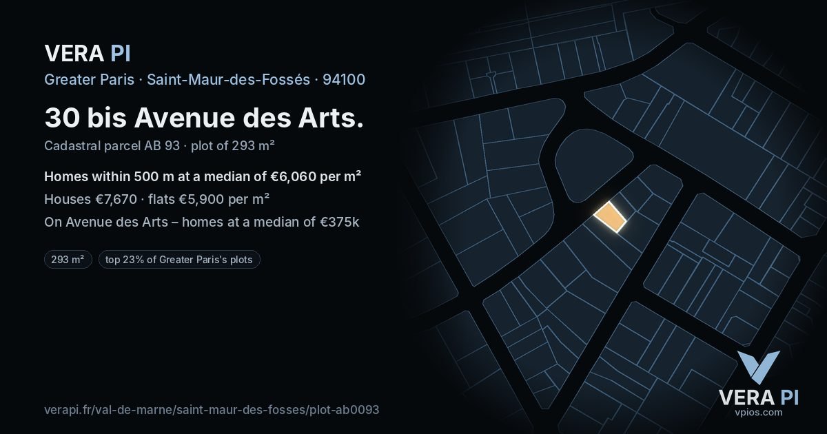 30 bis Avenue des Arts, Saint-Maur-des-Fossés at night – the plot lit, the parcels around coloured by the prices near them