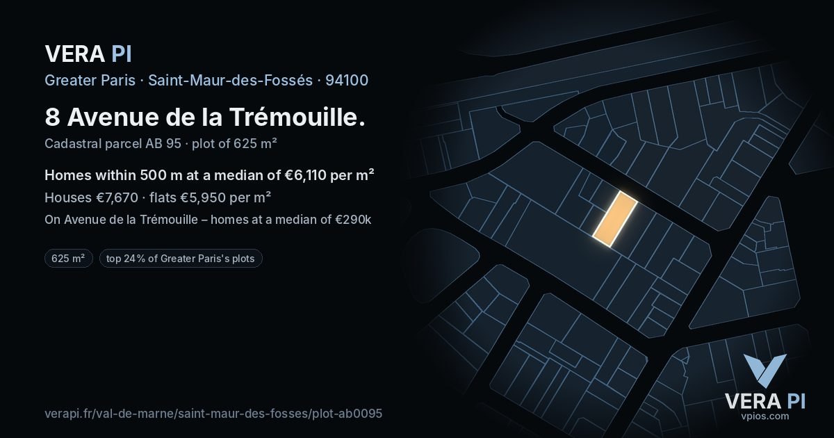 8 Avenue de la Trémouille, Saint-Maur-des-Fossés at night – the plot lit, the parcels around coloured by the prices near them