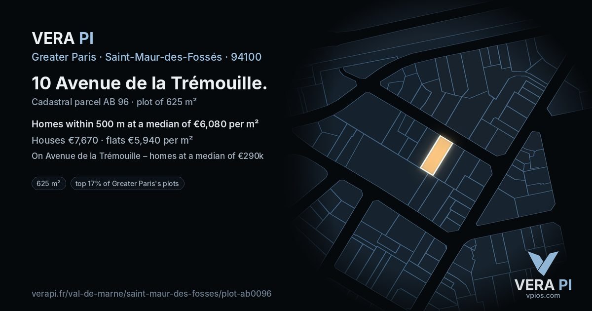 10 Avenue de la Trémouille, Saint-Maur-des-Fossés at night – the plot lit, the parcels around coloured by the prices near them