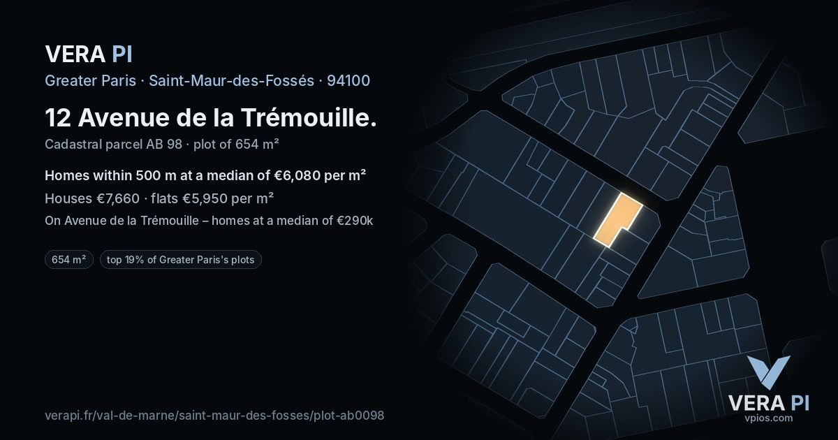 12 Avenue de la Trémouille, Saint-Maur-des-Fossés at night – the plot lit, the parcels around coloured by the prices near them