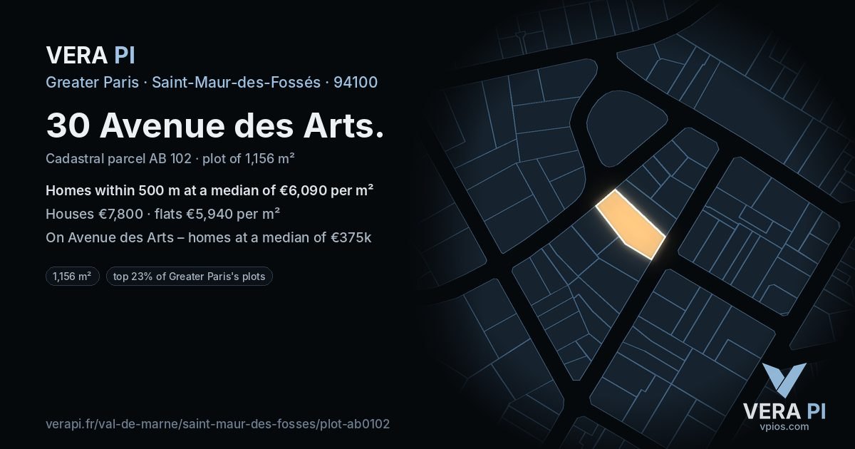 30 Avenue des Arts, Saint-Maur-des-Fossés at night – the plot lit, the parcels around coloured by the prices near them
