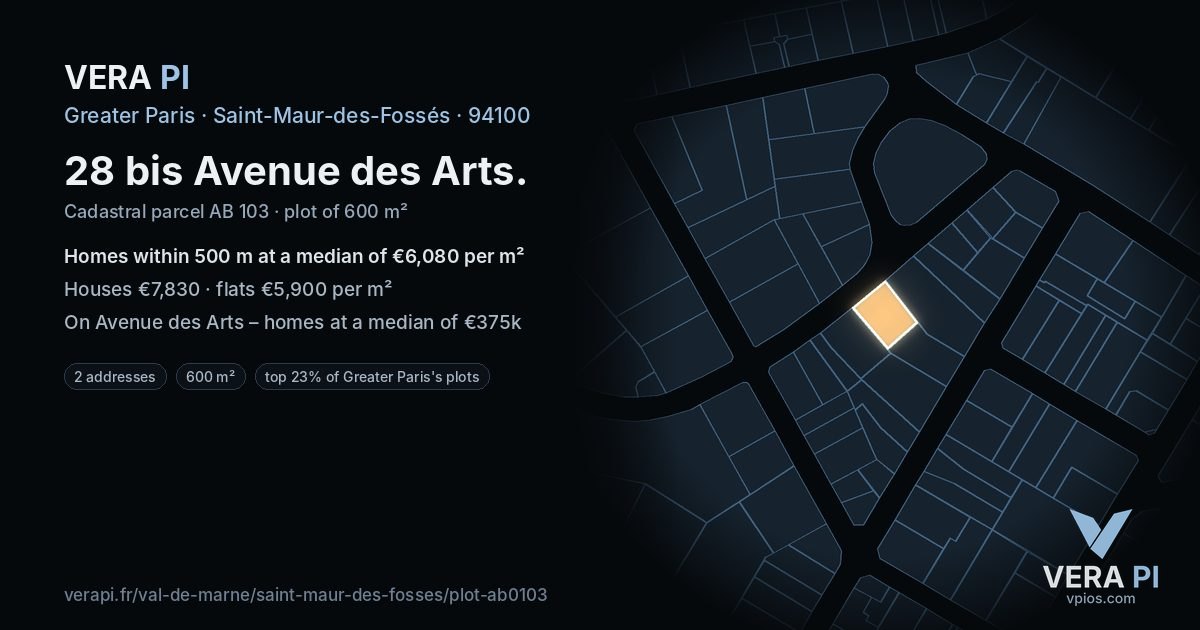 28 bis Avenue des Arts, Saint-Maur-des-Fossés at night – the plot lit, the parcels around coloured by the prices near them