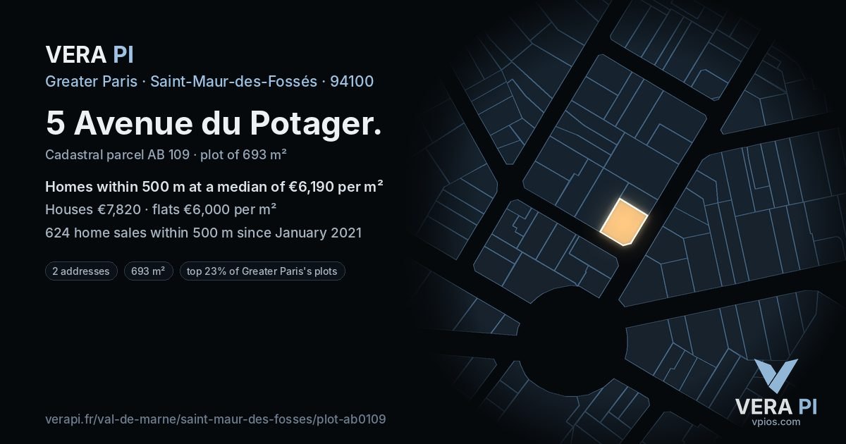 5 Avenue du Potager, Saint-Maur-des-Fossés at night – the plot lit, the parcels around coloured by the prices near them