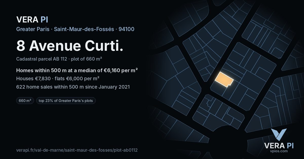 8 Avenue Curti, Saint-Maur-des-Fossés at night – the plot lit, the parcels around coloured by the prices near them