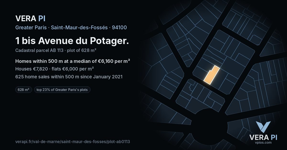 1 bis Avenue du Potager, Saint-Maur-des-Fossés at night – the plot lit, the parcels around coloured by the prices near them