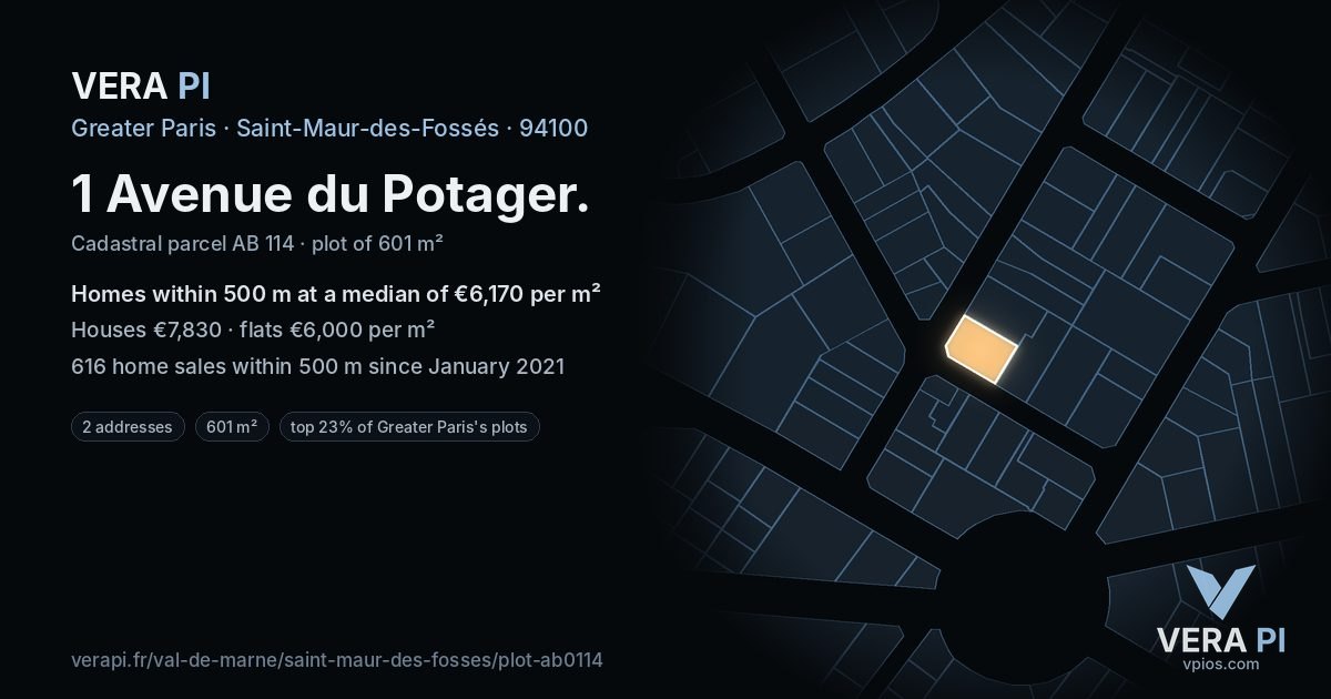 1 Avenue du Potager, Saint-Maur-des-Fossés at night – the plot lit, the parcels around coloured by the prices near them