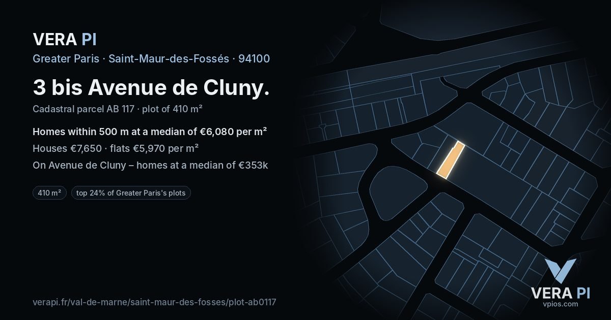 3 bis Avenue de Cluny, Saint-Maur-des-Fossés at night – the plot lit, the parcels around coloured by the prices near them