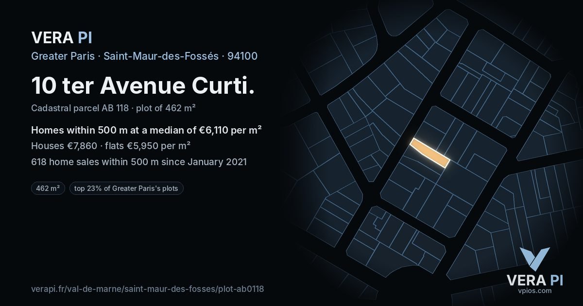 10 ter Avenue Curti, Saint-Maur-des-Fossés at night – the plot lit, the parcels around coloured by the prices near them
