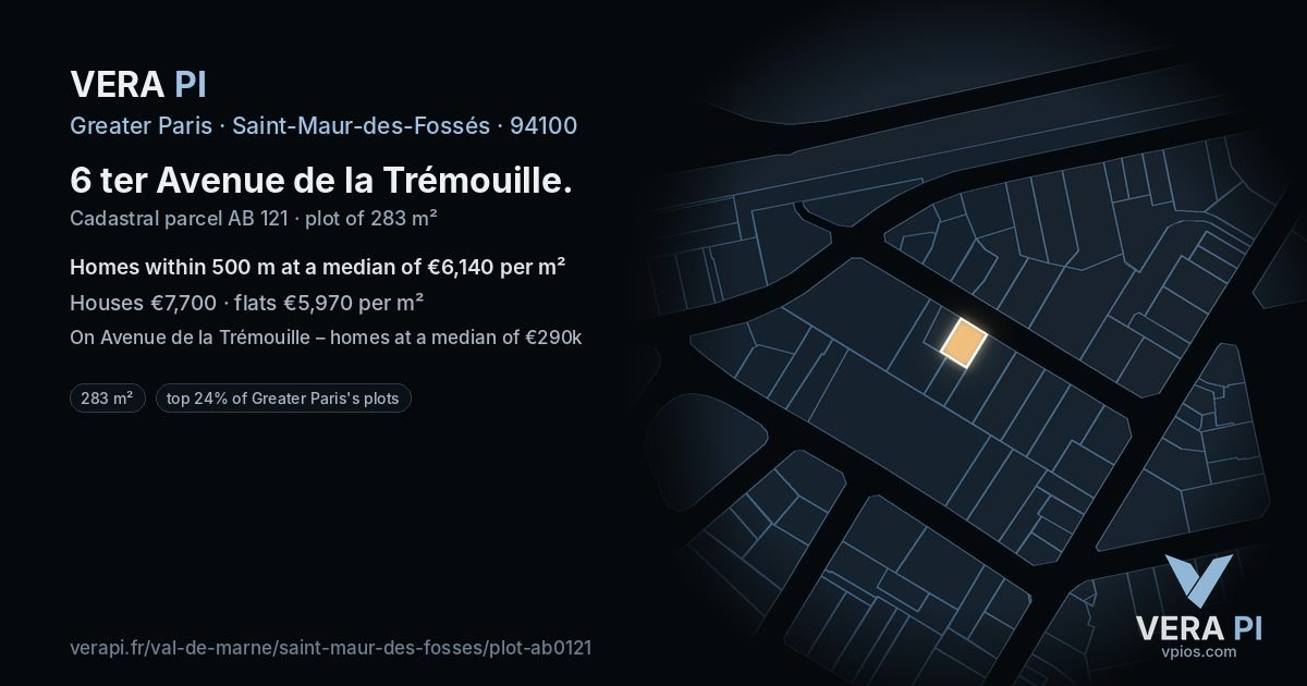 6 ter Avenue de la Trémouille, Saint-Maur-des-Fossés at night – the plot lit, the parcels around coloured by the prices near them