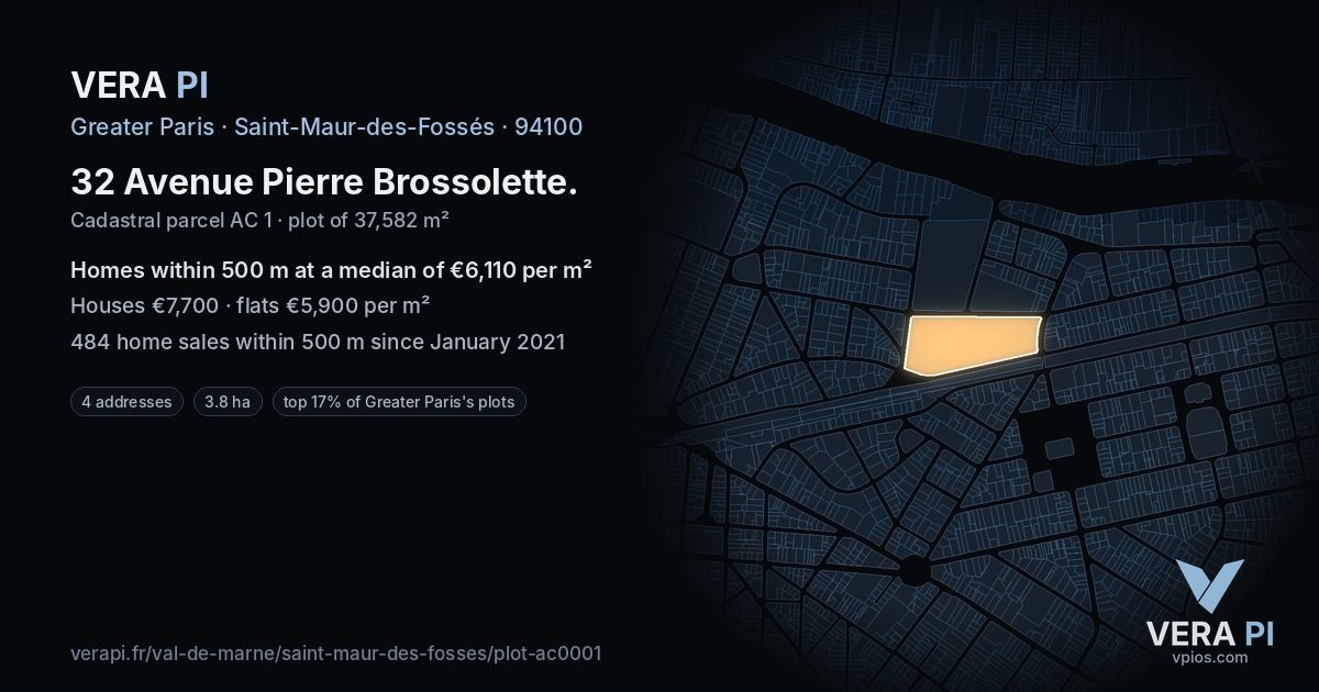 32 Avenue Pierre Brossolette, Saint-Maur-des-Fossés at night – the plot lit, the parcels around coloured by the prices near them