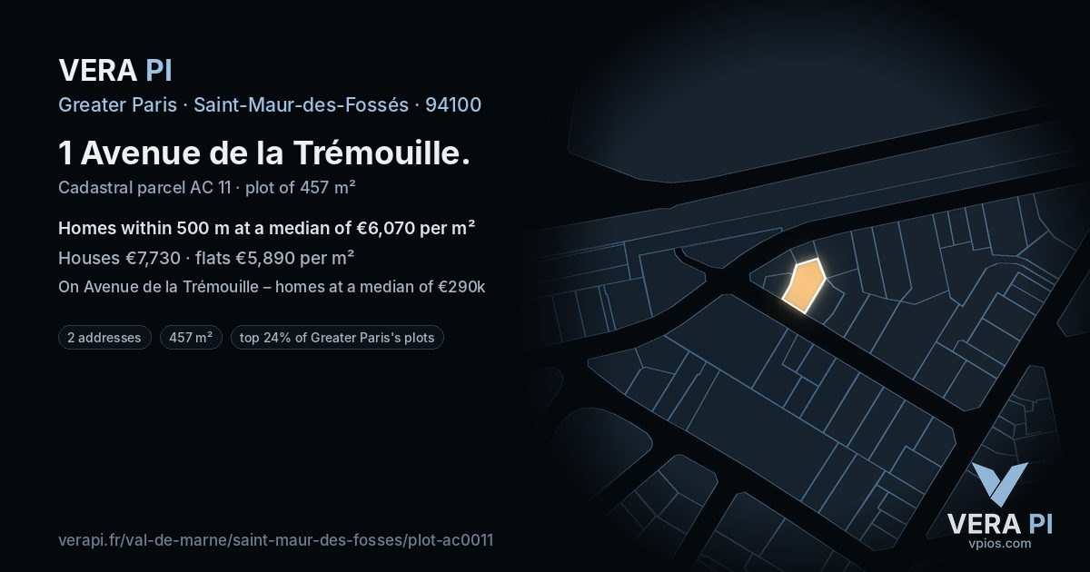 1 Avenue de la Trémouille, Saint-Maur-des-Fossés at night – the plot lit, the parcels around coloured by the prices near them