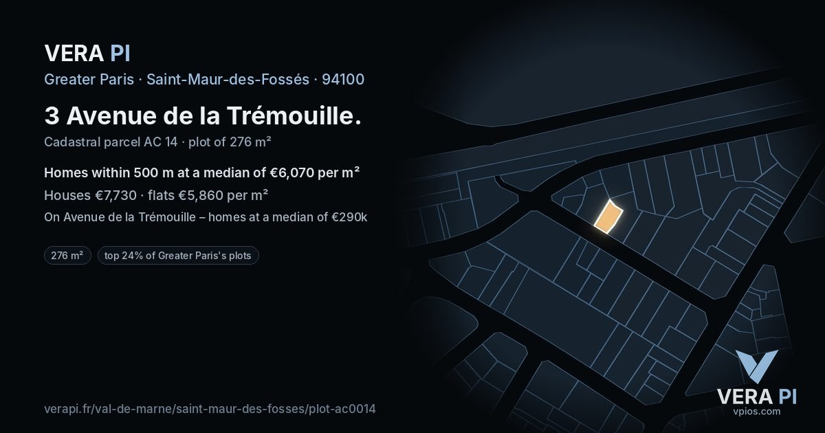 3 Avenue de la Trémouille, Saint-Maur-des-Fossés at night – the plot lit, the parcels around coloured by the prices near them