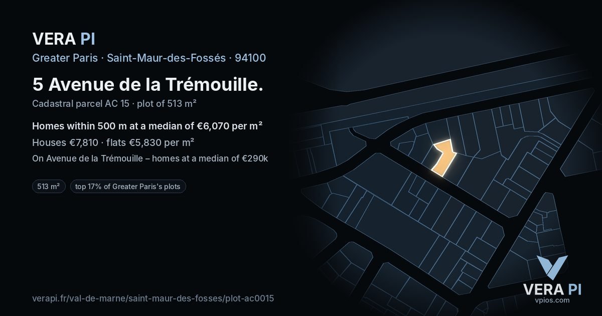 5 Avenue de la Trémouille, Saint-Maur-des-Fossés at night – the plot lit, the parcels around coloured by the prices near them