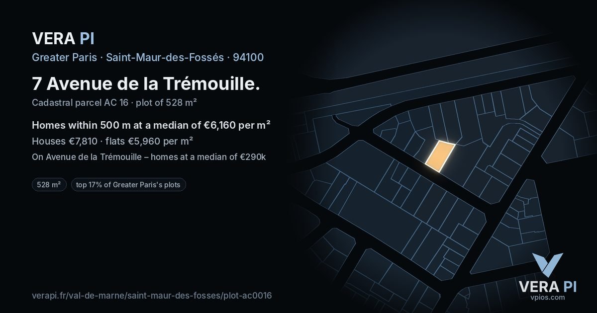 7 Avenue de la Trémouille, Saint-Maur-des-Fossés at night – the plot lit, the parcels around coloured by the prices near them