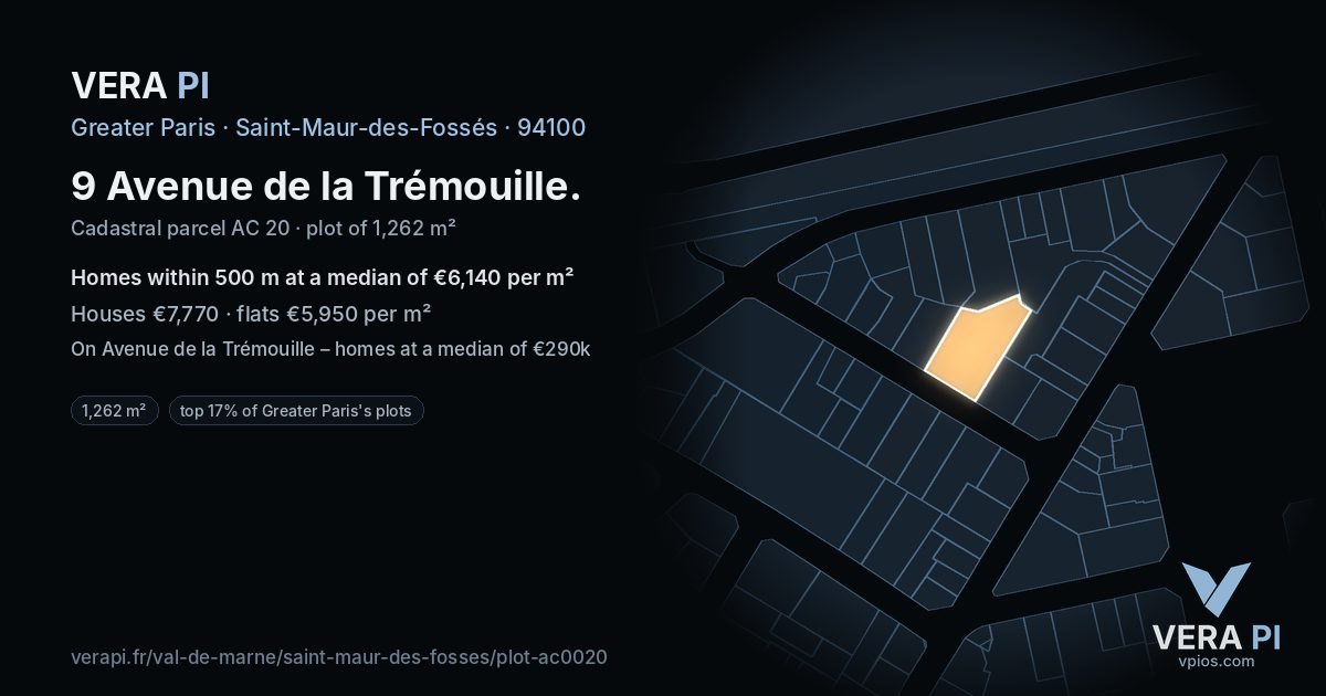 9 Avenue de la Trémouille, Saint-Maur-des-Fossés at night – the plot lit, the parcels around coloured by the prices near them