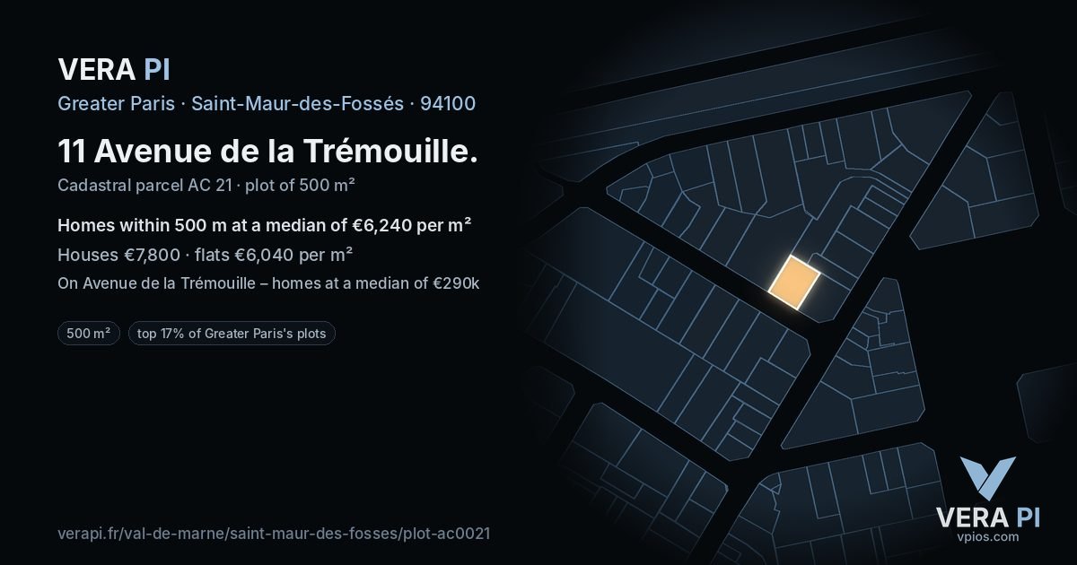 11 Avenue de la Trémouille, Saint-Maur-des-Fossés at night – the plot lit, the parcels around coloured by the prices near them
