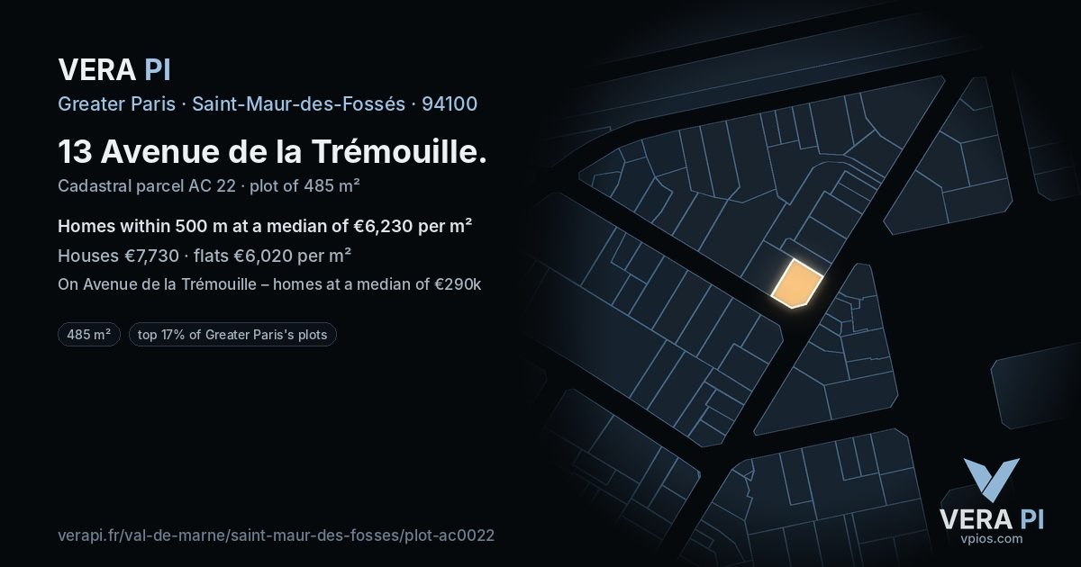 13 Avenue de la Trémouille, Saint-Maur-des-Fossés at night – the plot lit, the parcels around coloured by the prices near them