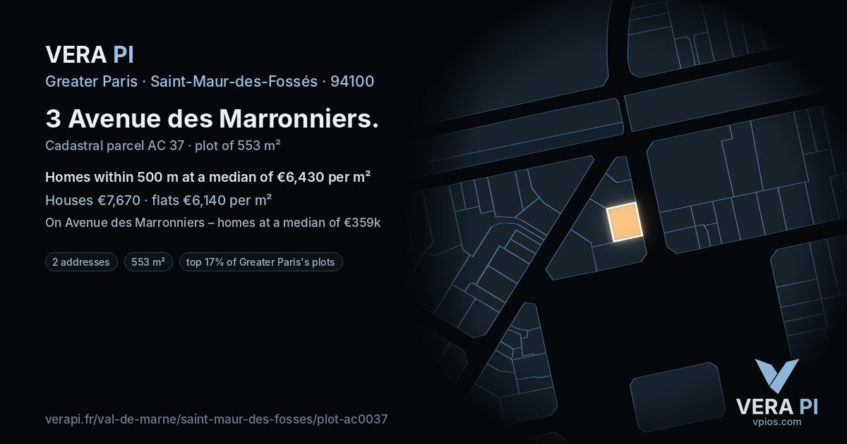 3 Avenue des Marronniers, Saint-Maur-des-Fossés at night – the plot lit, the parcels around coloured by the prices near them