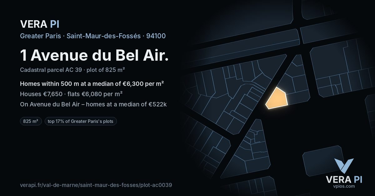 1 Avenue du Bel Air, Saint-Maur-des-Fossés at night – the plot lit, the parcels around coloured by the prices near them