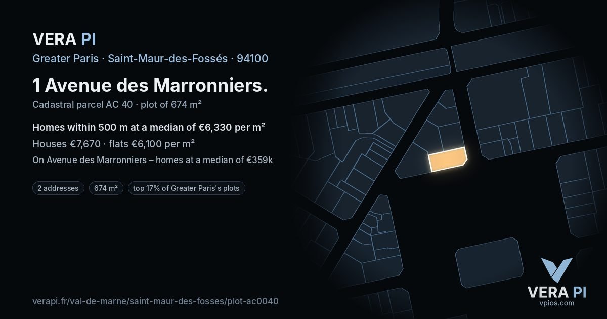 1 Avenue des Marronniers, Saint-Maur-des-Fossés at night – the plot lit, the parcels around coloured by the prices near them