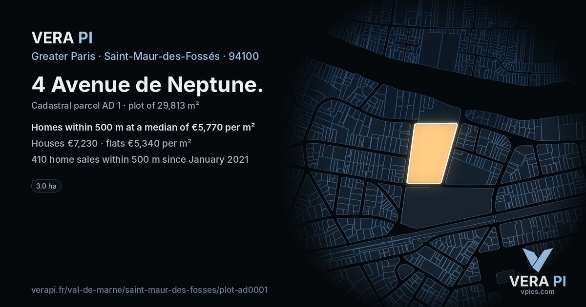 4 Avenue de Neptune, Saint-Maur-des-Fossés at night – the plot lit, the parcels around coloured by the prices near them