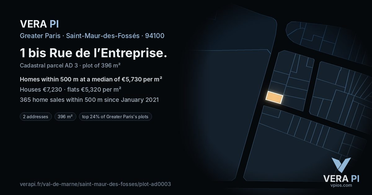 1 bis Rue de l’Entreprise, Saint-Maur-des-Fossés at night – the plot lit, the parcels around coloured by the prices near them