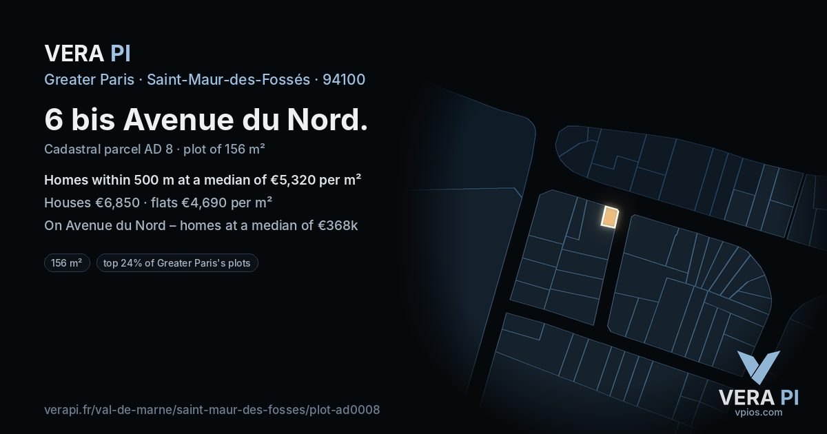 6 bis Avenue du Nord, Saint-Maur-des-Fossés at night – the plot lit, the parcels around coloured by the prices near them