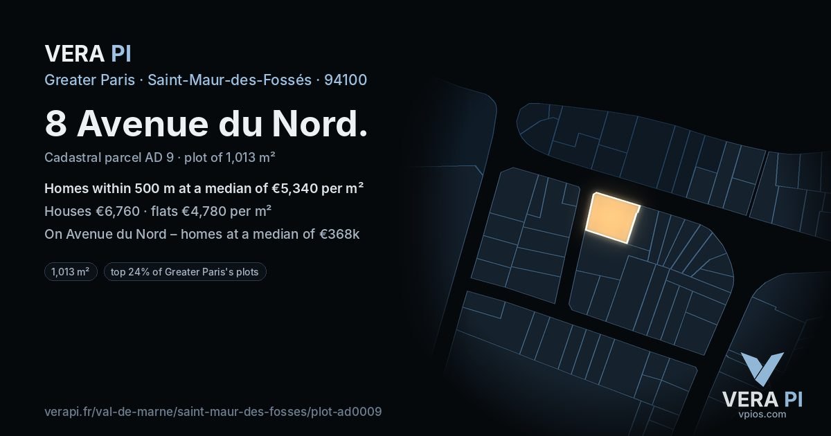 8 Avenue du Nord, Saint-Maur-des-Fossés at night – the plot lit, the parcels around coloured by the prices near them