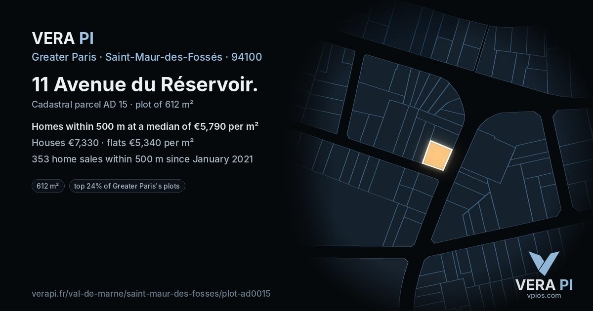 11 Avenue du Réservoir, Saint-Maur-des-Fossés at night – the plot lit, the parcels around coloured by the prices near them
