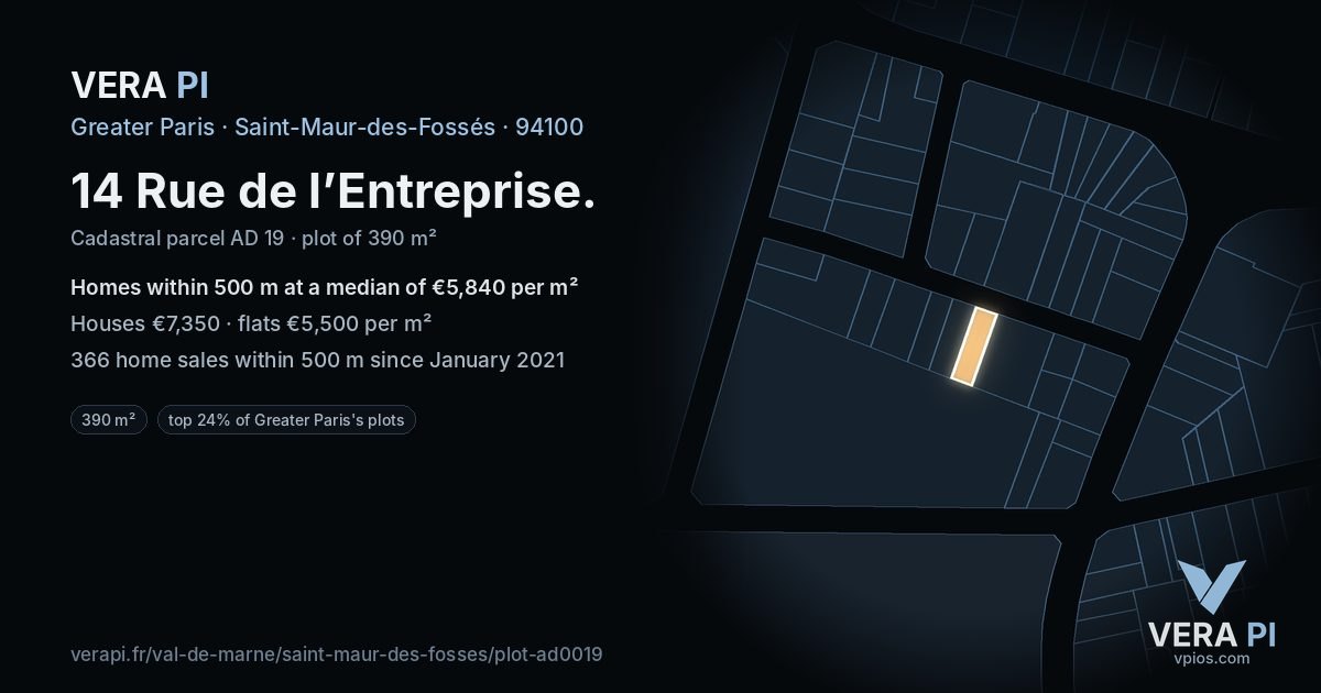 14 Rue de l’Entreprise, Saint-Maur-des-Fossés at night – the plot lit, the parcels around coloured by the prices near them