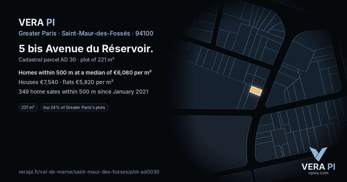 5 bis Avenue du Réservoir, Saint-Maur-des-Fossés at night – the plot lit, the parcels around coloured by the prices near them