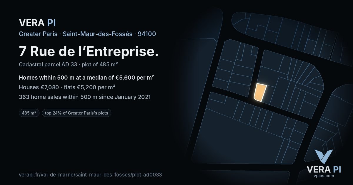 7 Rue de l’Entreprise, Saint-Maur-des-Fossés at night – the plot lit, the parcels around coloured by the prices near them
