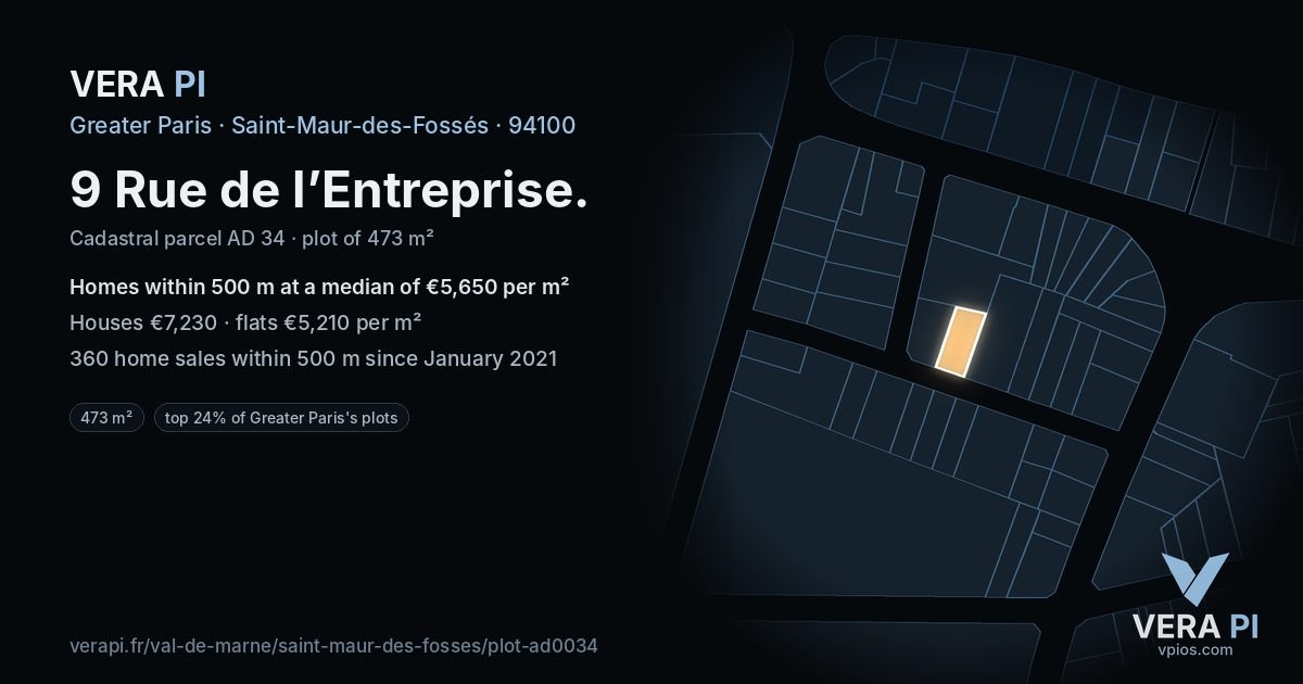 9 Rue de l’Entreprise, Saint-Maur-des-Fossés at night – the plot lit, the parcels around coloured by the prices near them
