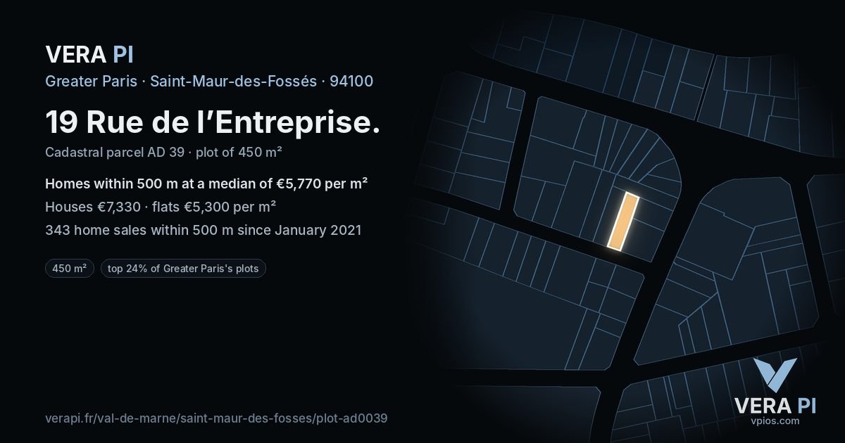 19 Rue de l’Entreprise, Saint-Maur-des-Fossés at night – the plot lit, the parcels around coloured by the prices near them