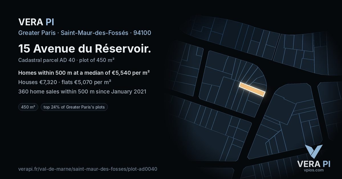 15 Avenue du Réservoir, Saint-Maur-des-Fossés at night – the plot lit, the parcels around coloured by the prices near them