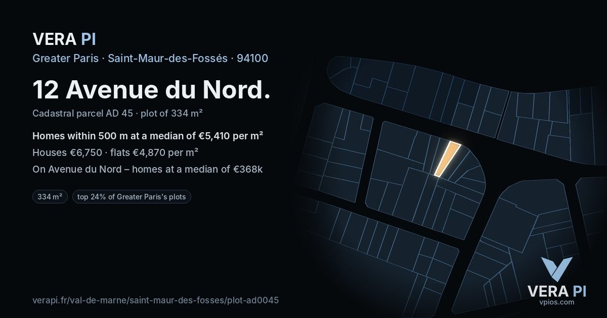 12 Avenue du Nord, Saint-Maur-des-Fossés at night – the plot lit, the parcels around coloured by the prices near them
